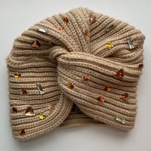 NWOT Anthropologie Perrie Luxe Embellished Turban Beanie Winter Hat in Taupe